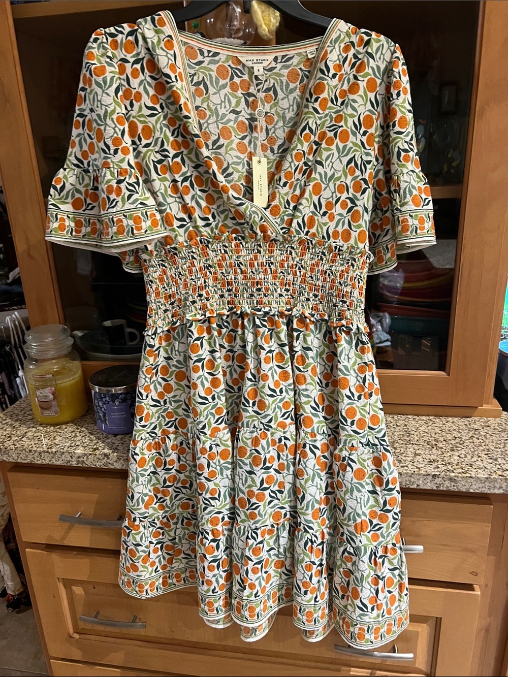 Max Studio Orange & Green Botanical Smocked Mini Dress
